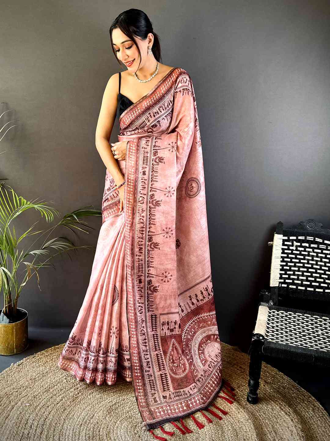Dusty Rose Warli Print Tissue Chanderi Saree by My Store