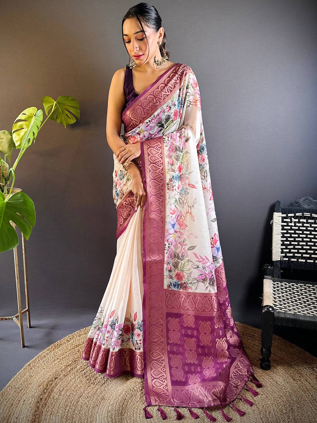 Cream Floral Cotton Rich Pallu Saree by My Store
