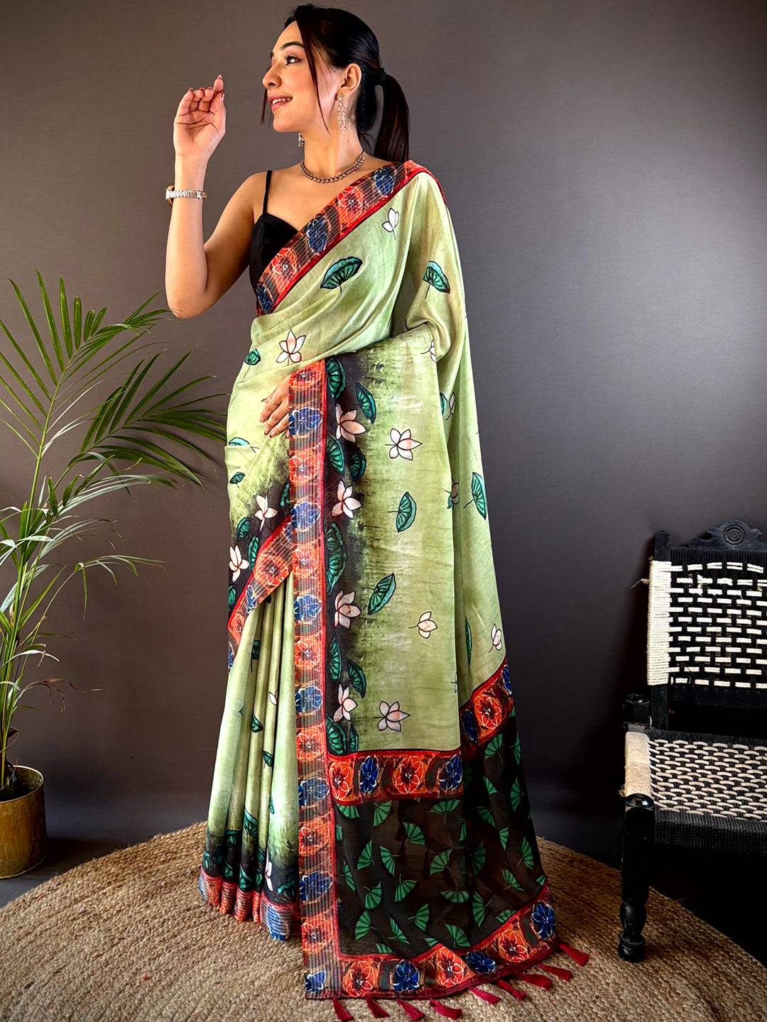 Green Georgette Pichwai Print Saree by My Store