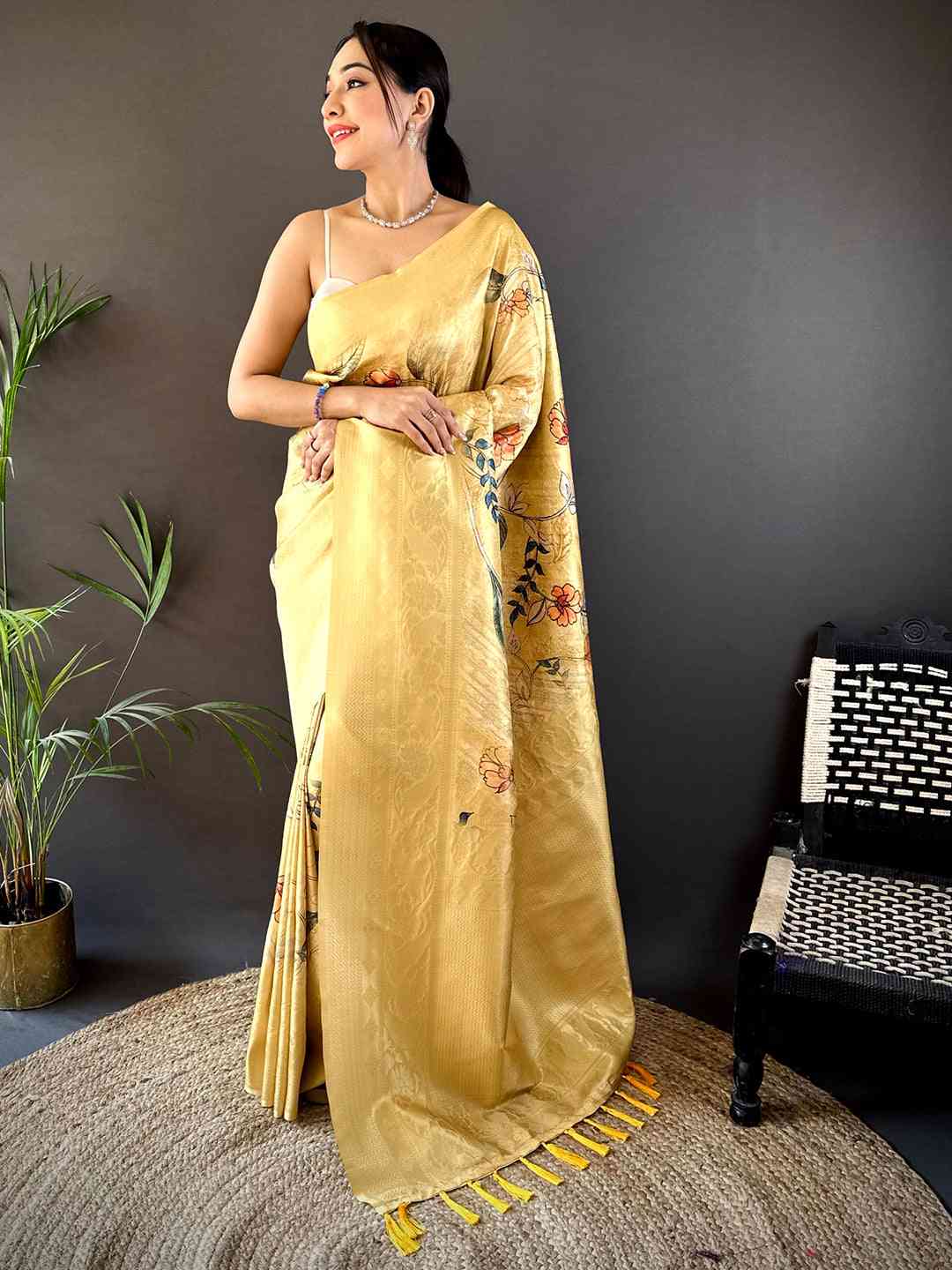 Mustard Kanjivaram Digital Silk Saree by My Store