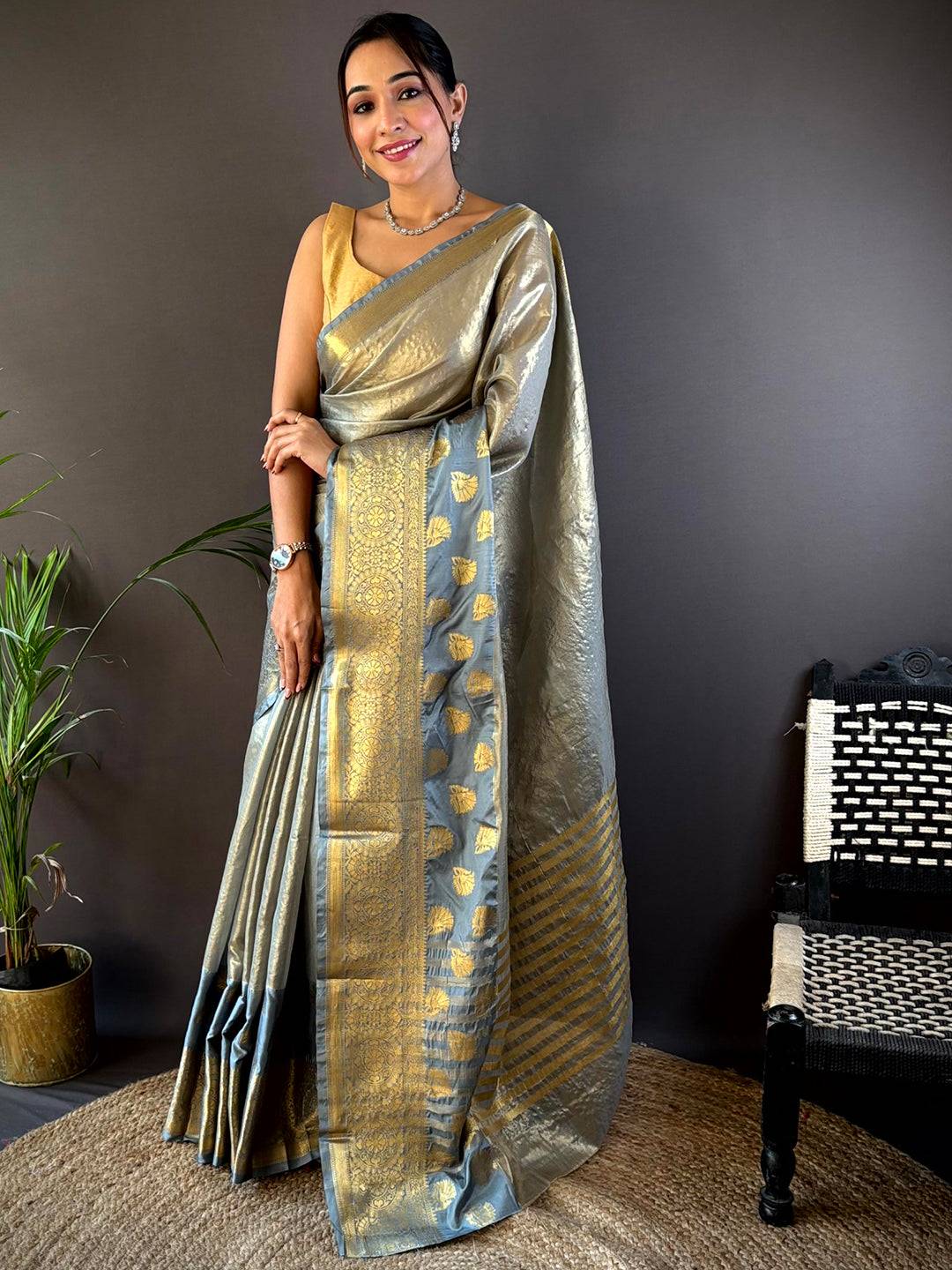 Gold Tissue Saree With Jacquard Woven Work by My Store