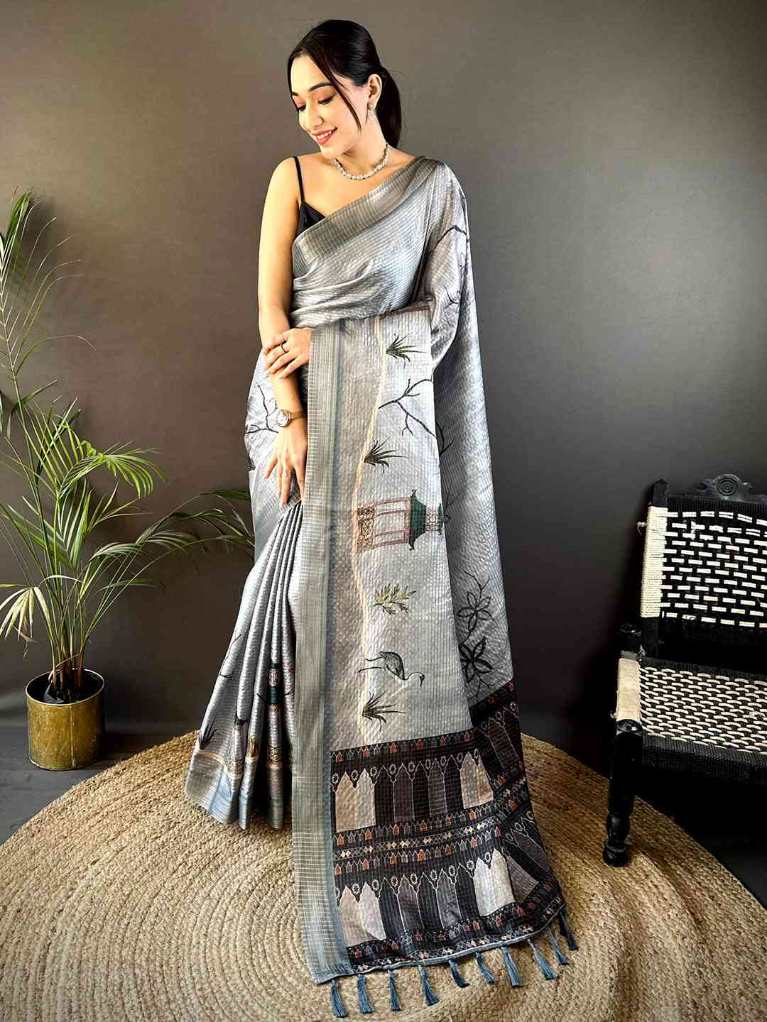 Slate Grey Tussar Chex Japanese Print Saree by My Store