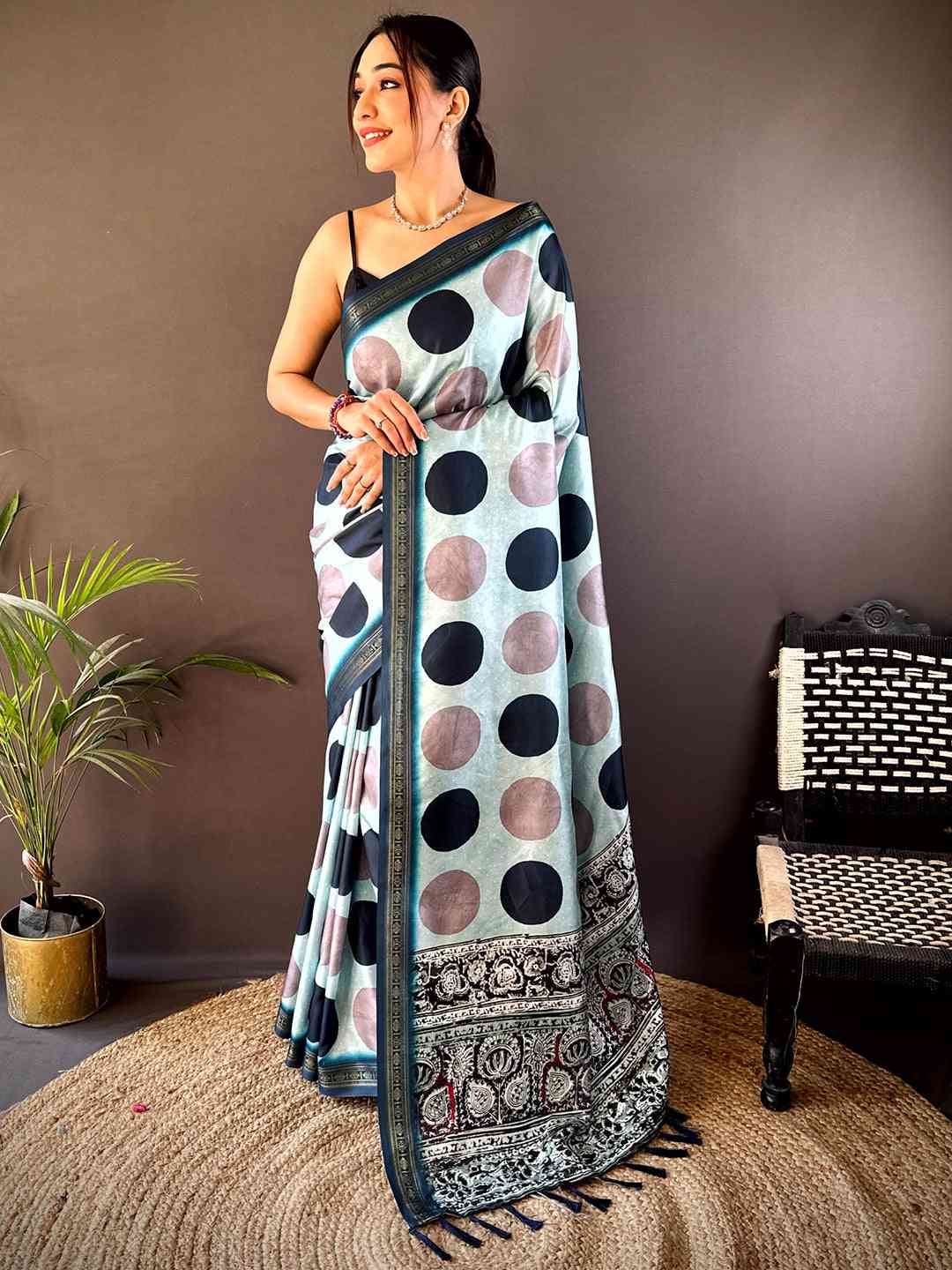 Sky Blue Soft Silk Polka Dot Print Saree by My Store