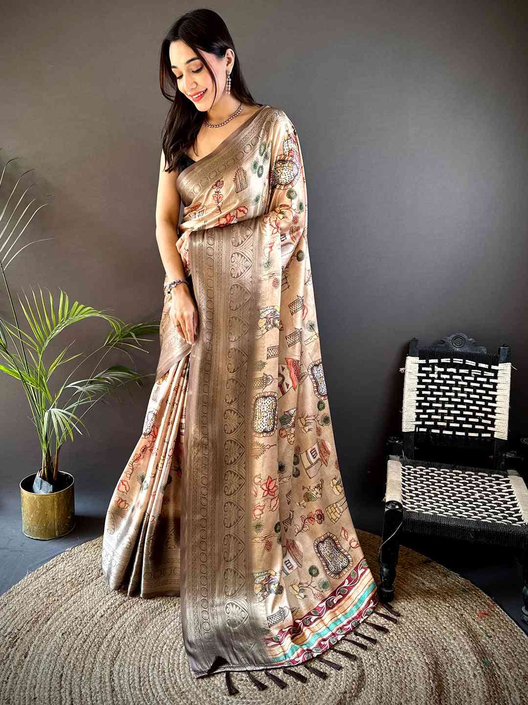 Soft Silk Kalamkari Print Saree In Peach by My Store