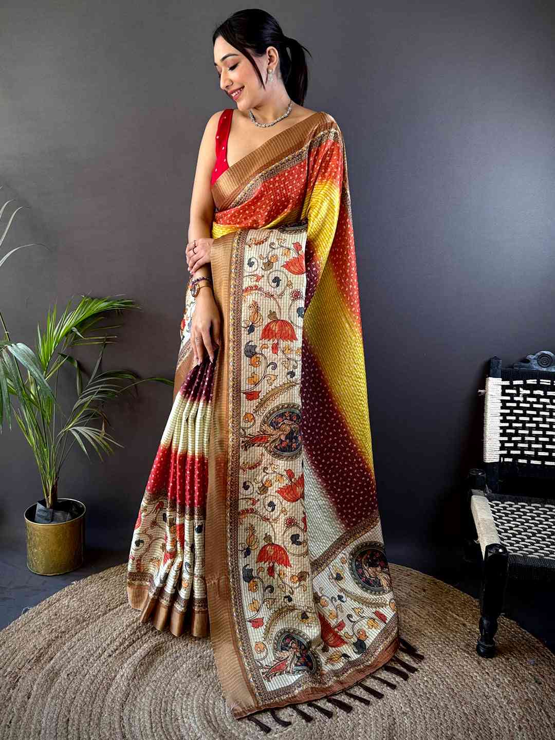 Traditional Silk Blend Bandhani Print Saree