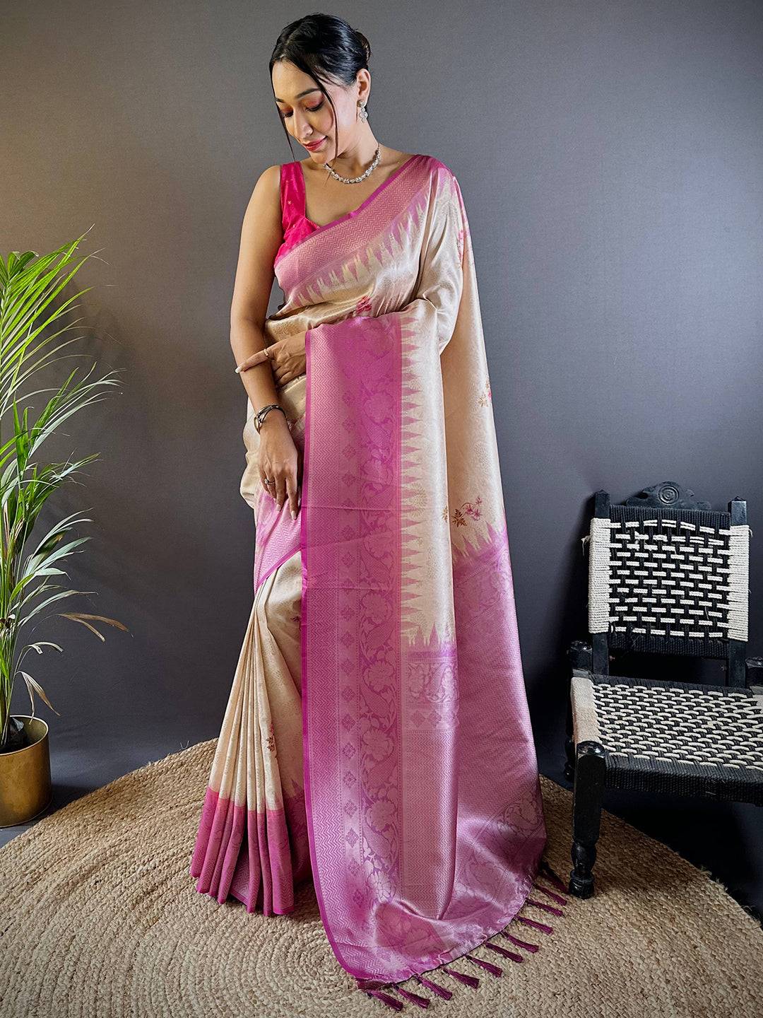 Digital Print Beige Color Silk Saree by My Store