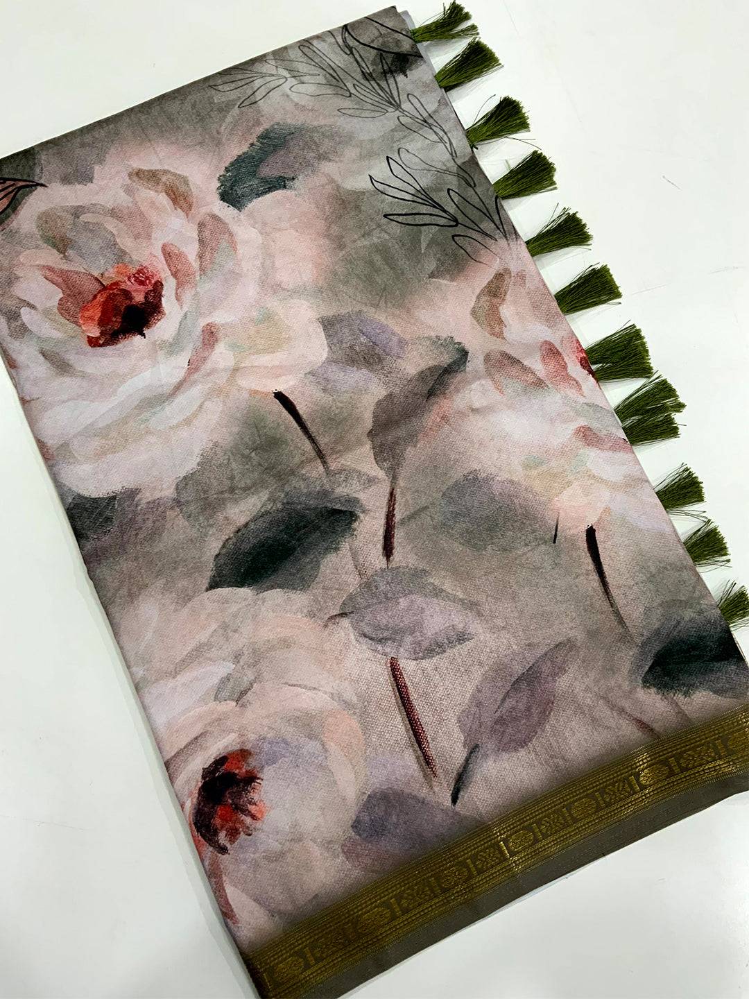 Grey Soft Silk Watercolor Floral Print Saree by My Store