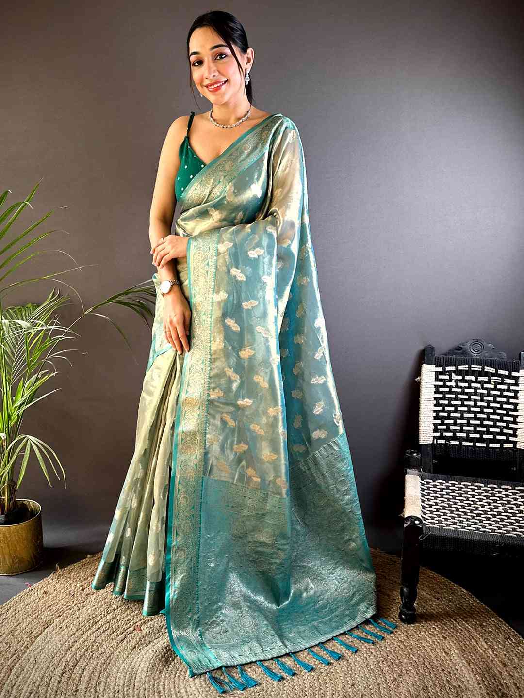 Elegant Teal Kora Tissue Saree by My Store