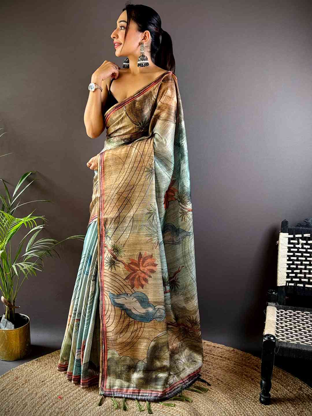 Sky Blue Tissue Chanderi Floral Abstract Saree by My Store