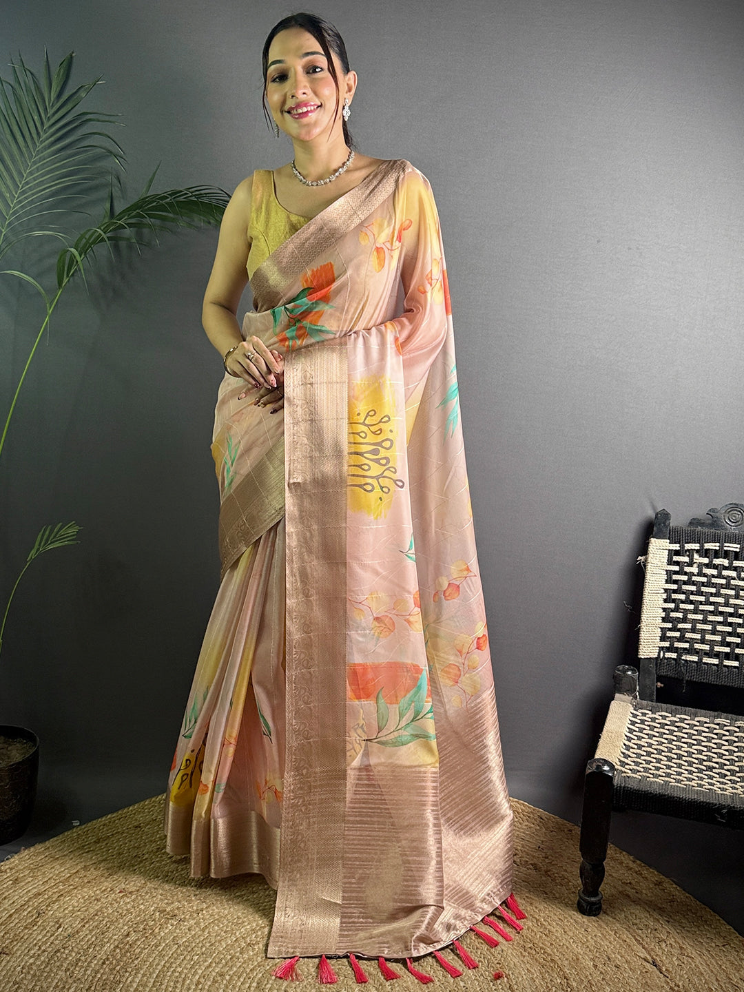 Blush Pink Soft Organza Silk Floral Saree by My Store