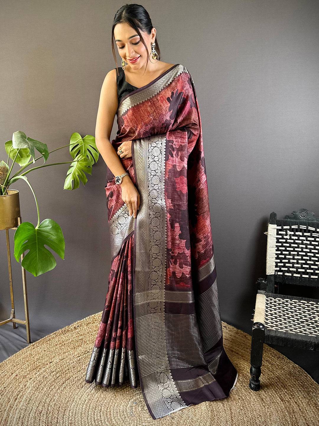Maroon Zari Woven Floral Dola Silk Saree by My Store