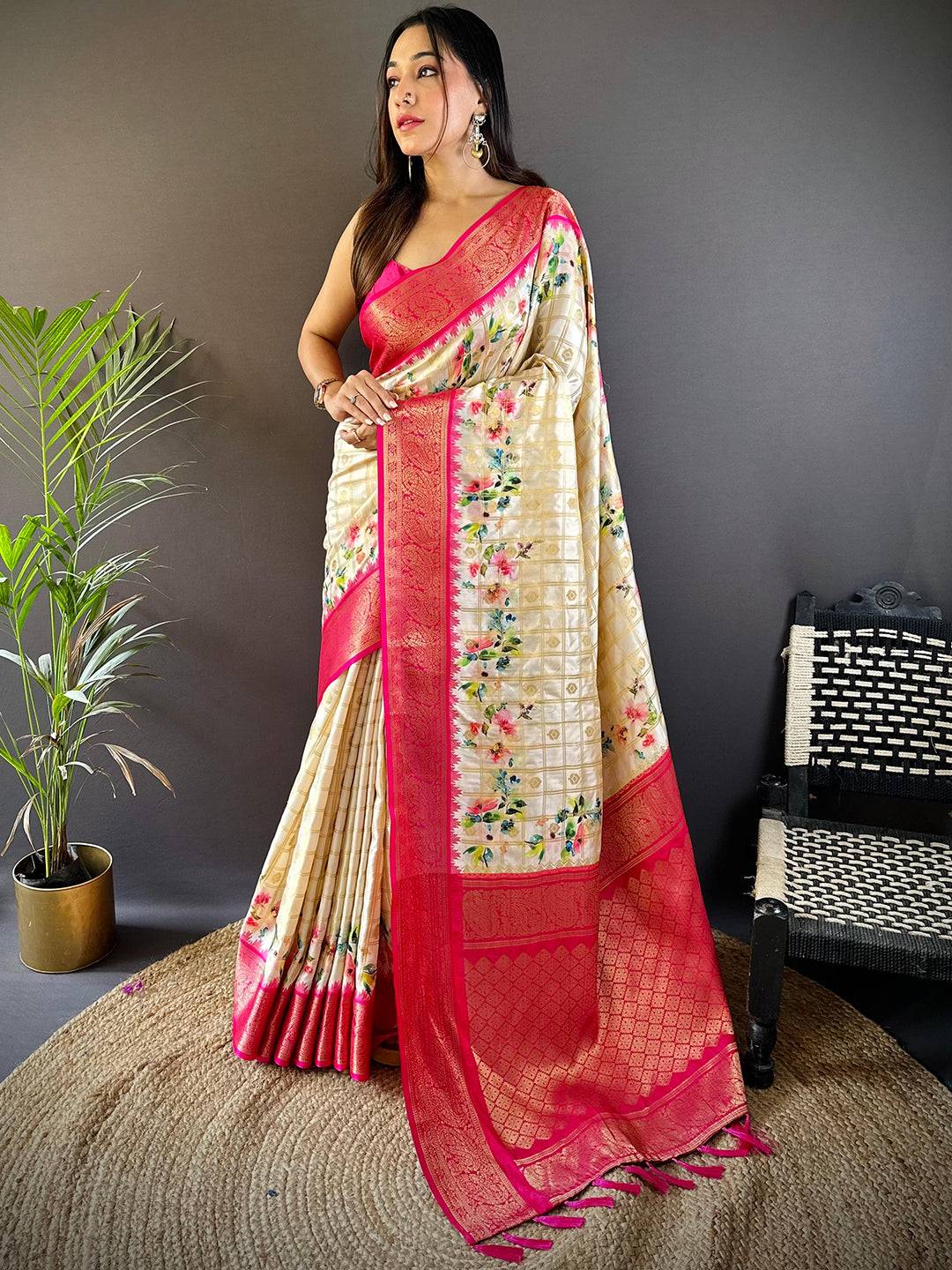 Pink Kovai Rettapet Border Digital Print Saree by My Store