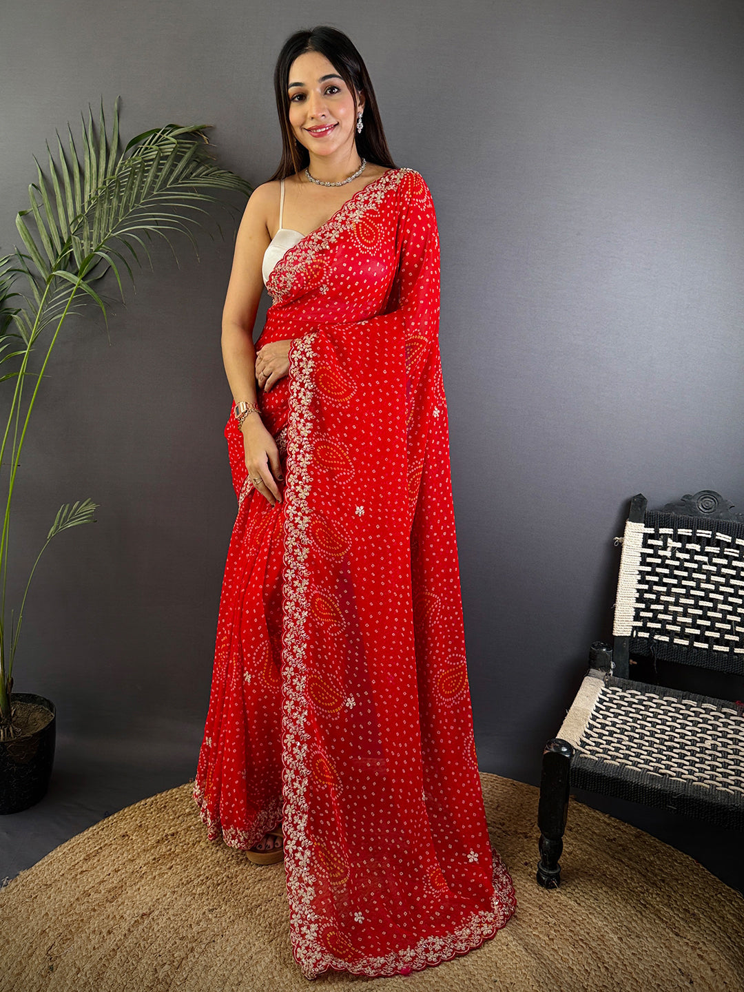 Red Soft Georgette Bandhej Print Saree by My Store