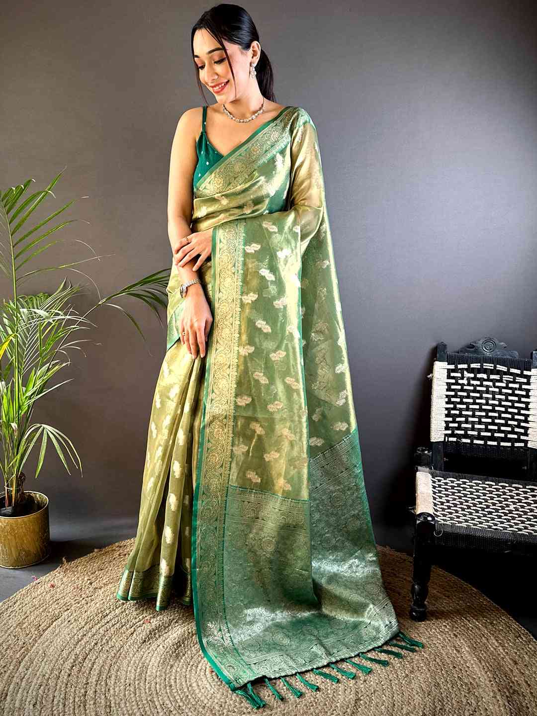 Serene Forest Green Kora Tissue Saree by My Store