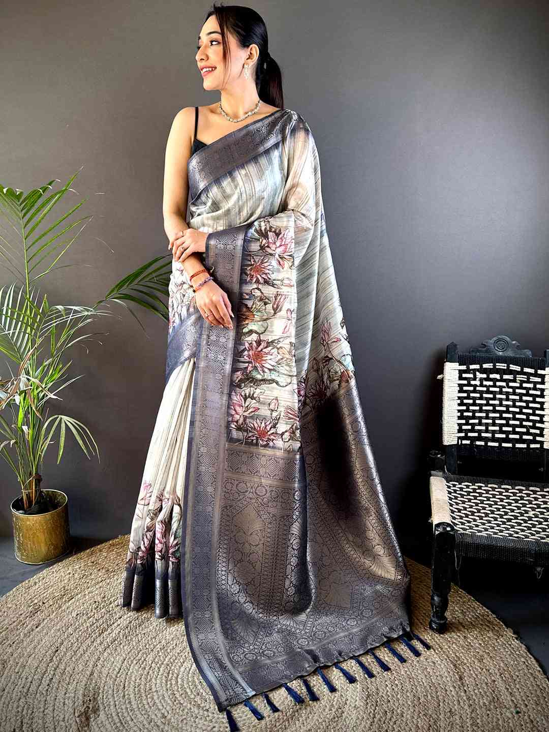 Grey Ghicha Weave Floral Saree by My Store