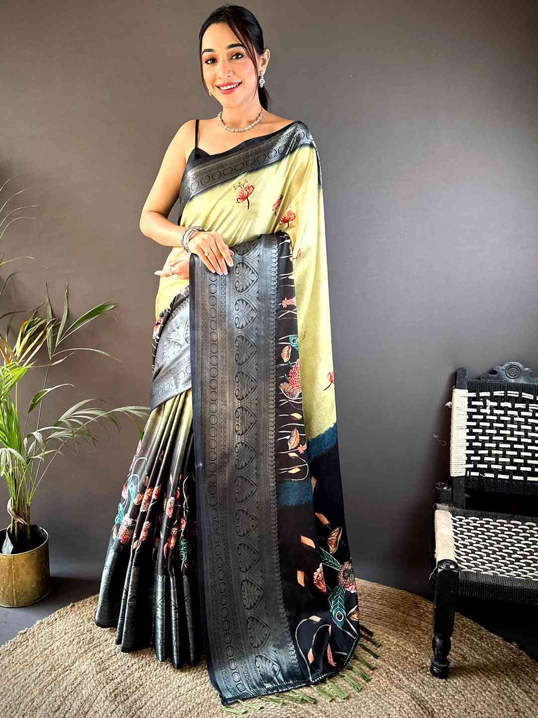Pista Soft Silk Floral Ombre Print Saree by My Store