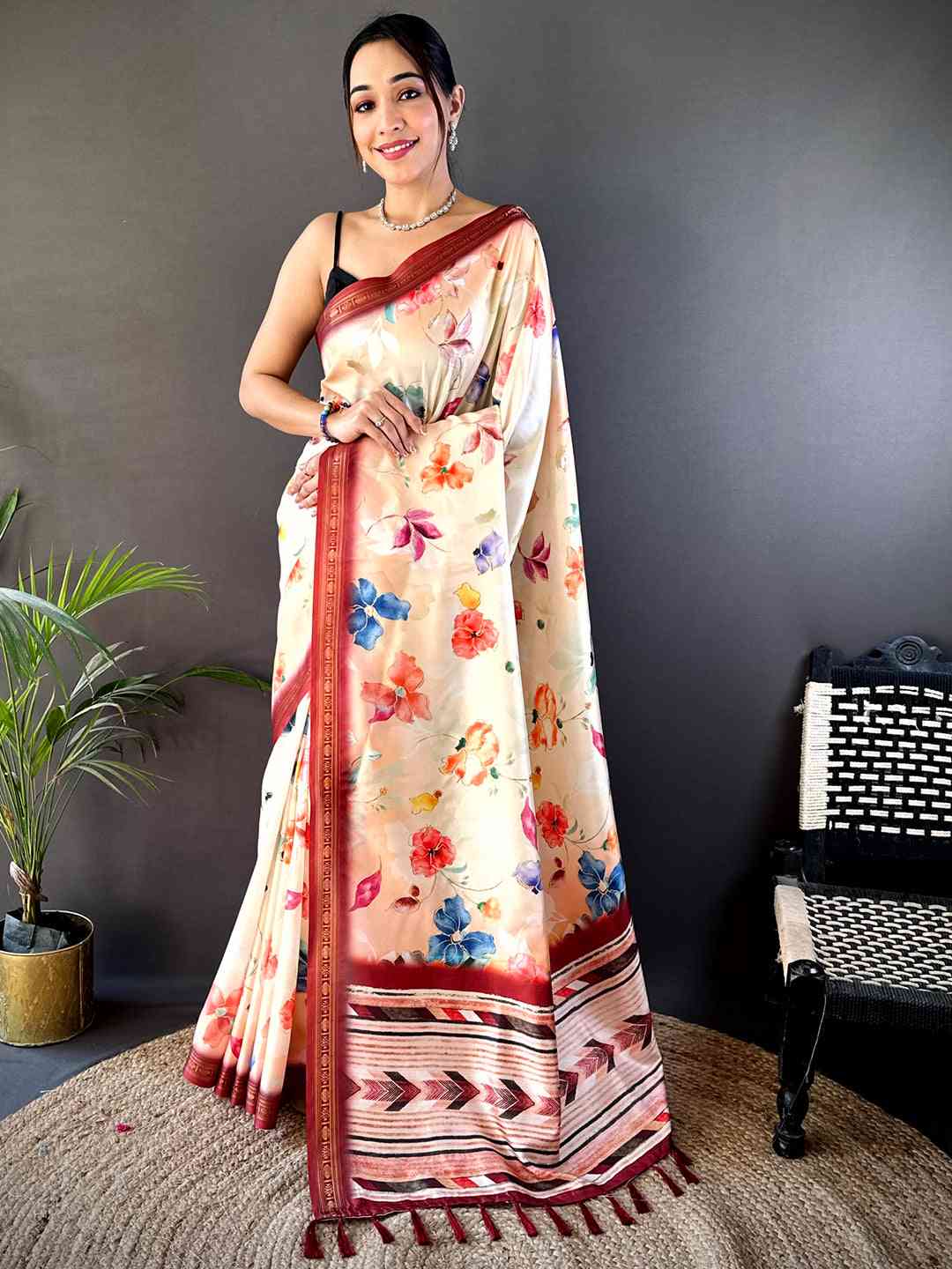 Peach Floral Digital Print Silk Saree by My Store