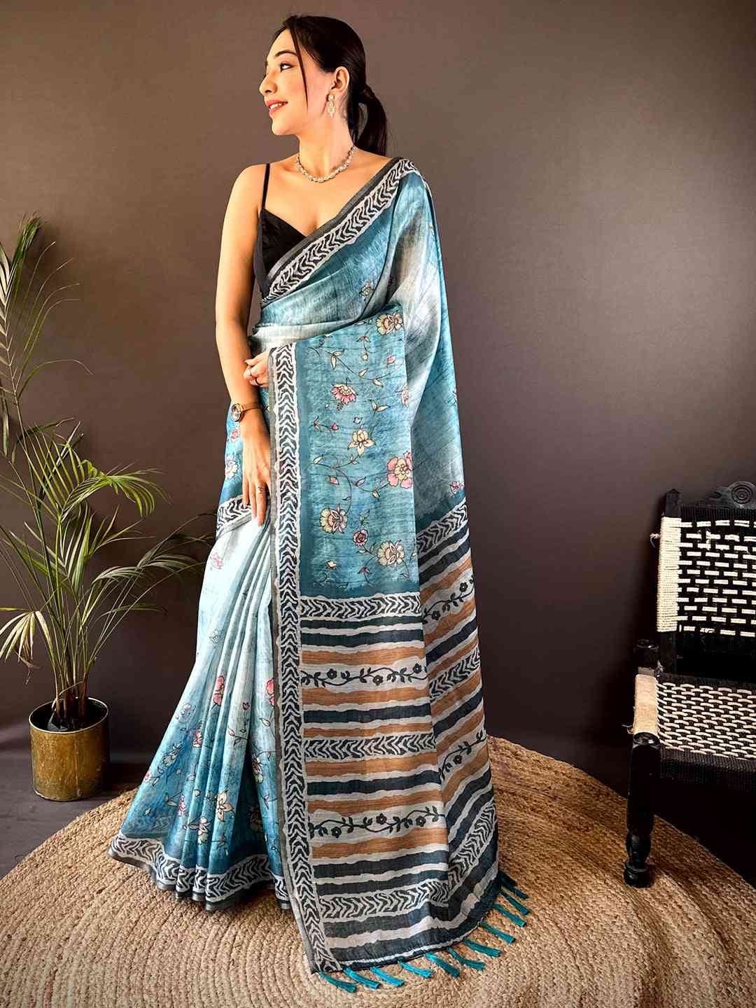 Blue Tissue Digital Print Saree by My Store