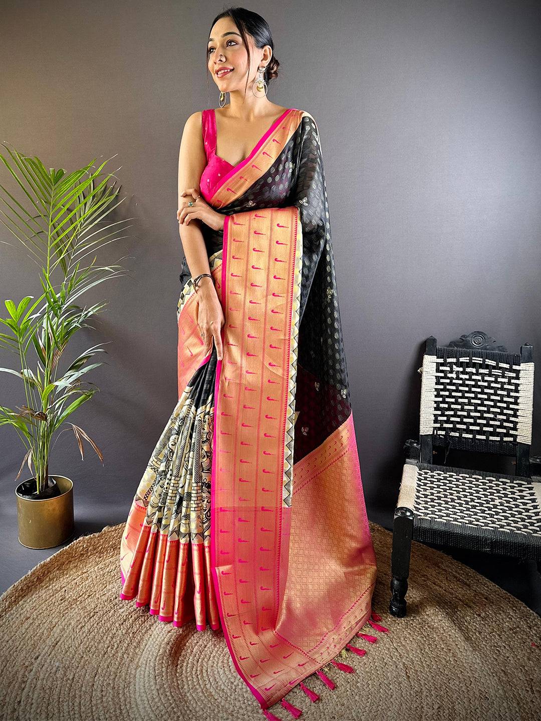 Kora Silk Paithani Kalamkari Saree by My Store