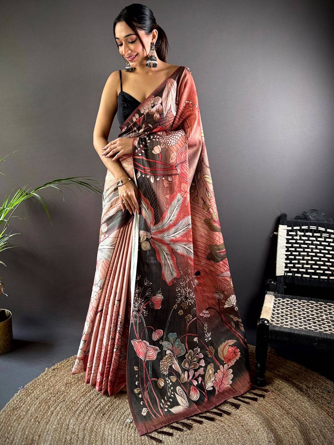 Rust Semi Gold Zari Botanical Tussar Saree by My Store