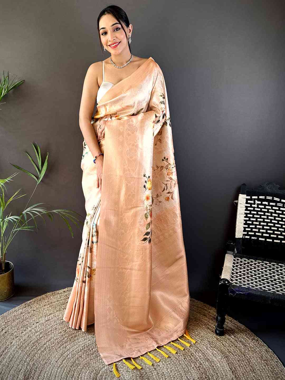 Peach Kanjivaram Digital Silk Saree by My Store