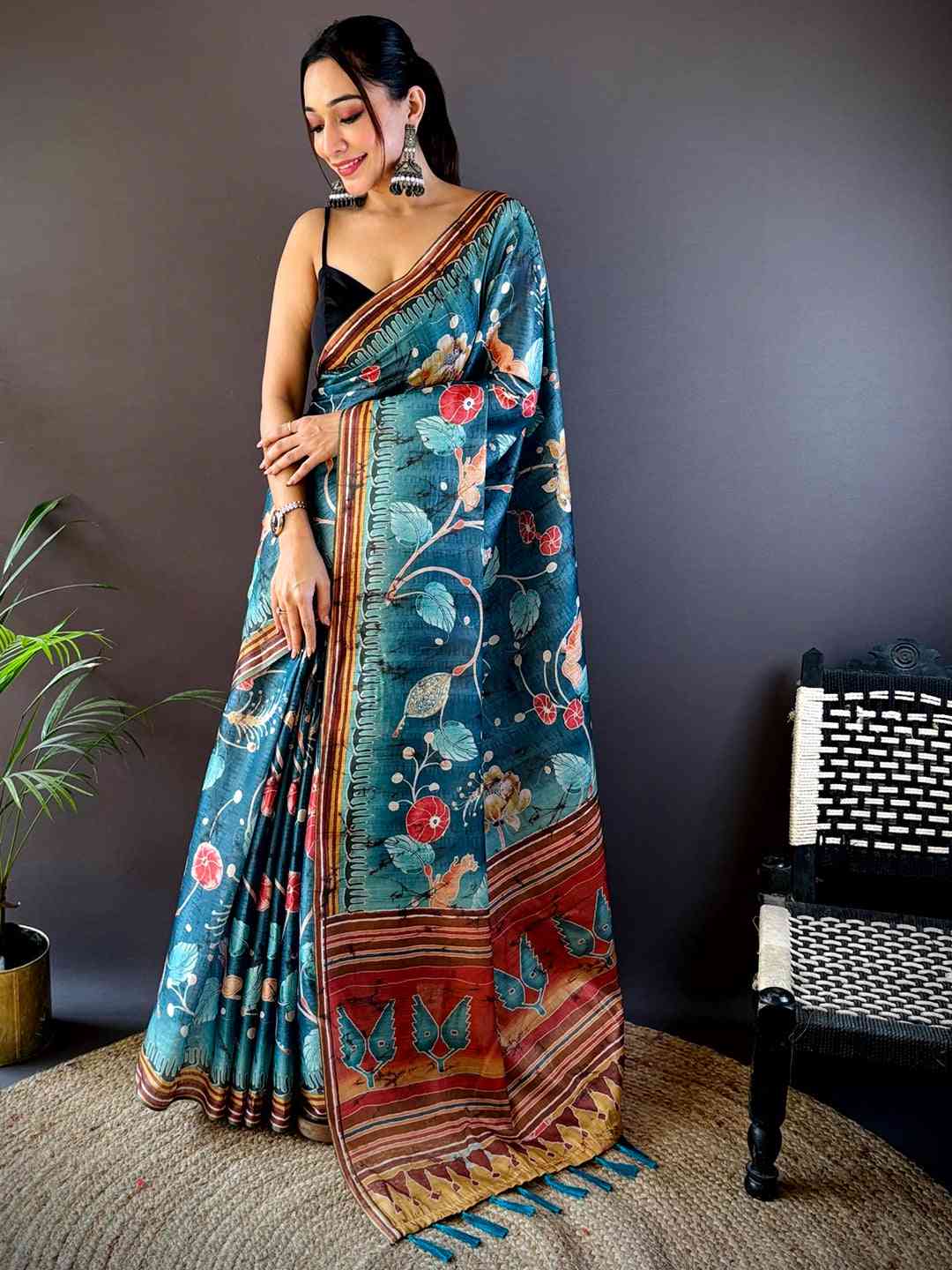 Rama Tissue Chanderi Kalamkari Saree by My Store