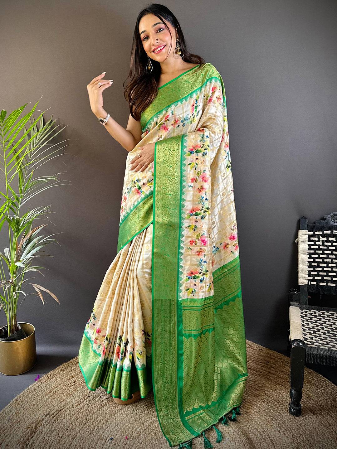 Green Kovai Rettapet Border Digital Print Saree by My Store
