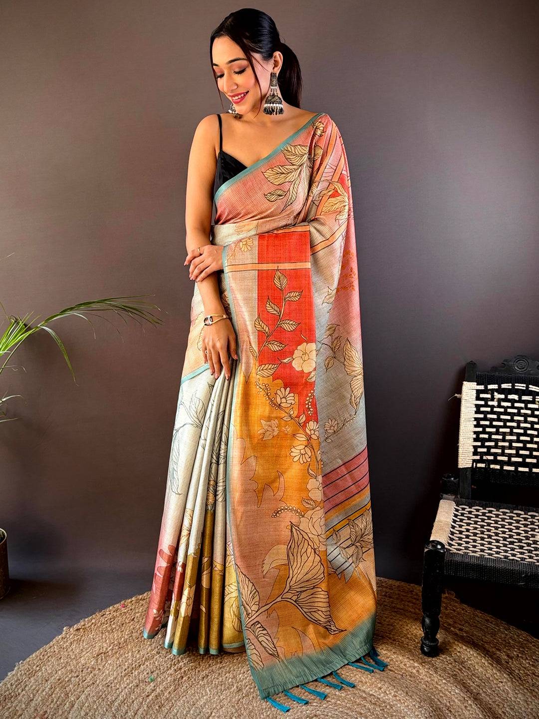 Rama Abstract Floral Zari Tussar Saree by My Store