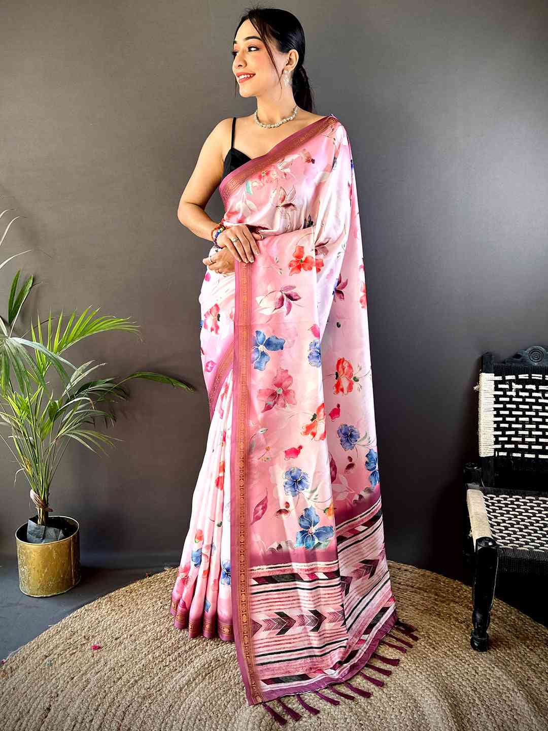 Blush Pink Floral Digital Print Silk Saree by My Store
