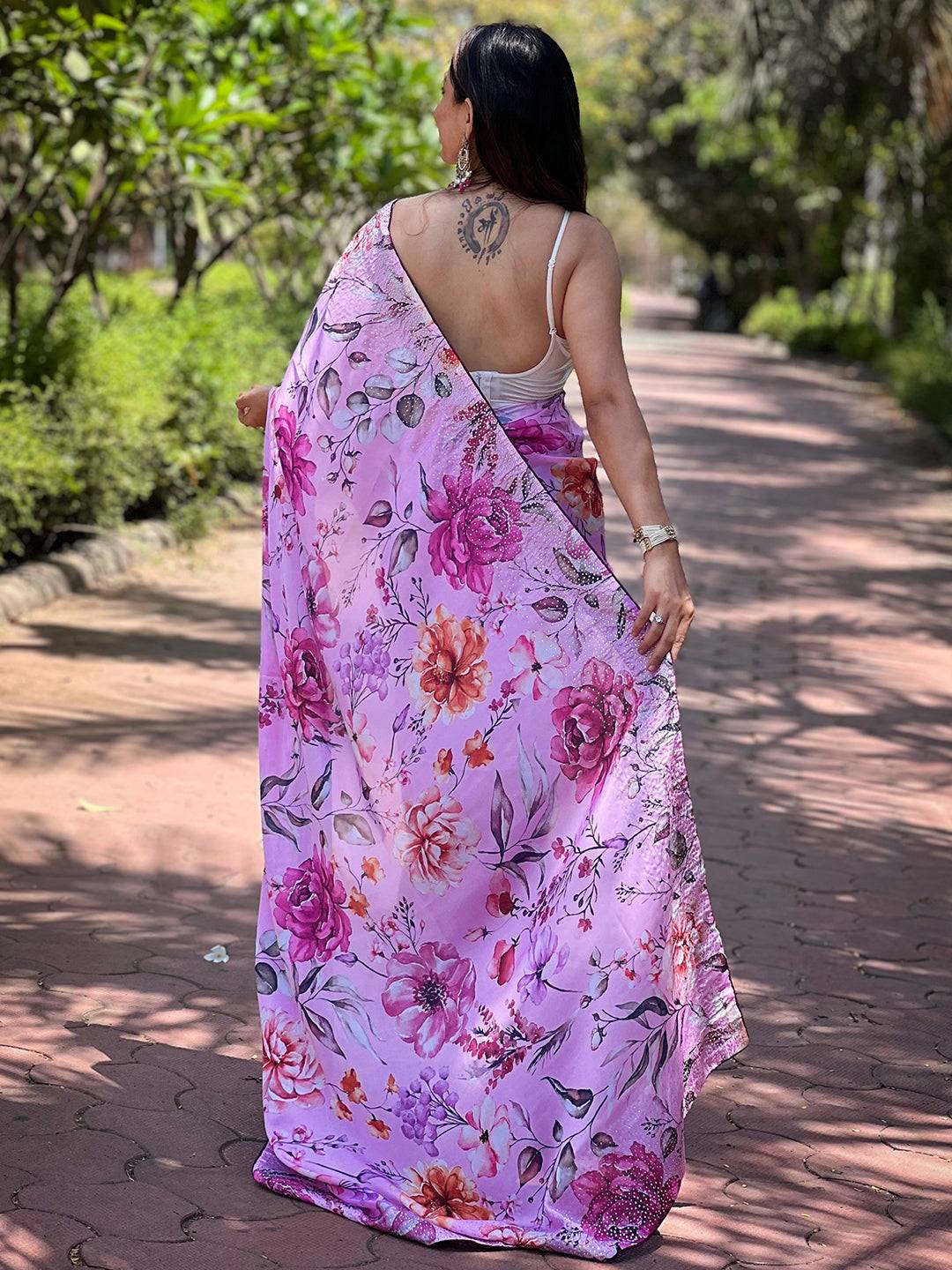 Satin Georgette Pink Floral Digital Print Saree by My Store