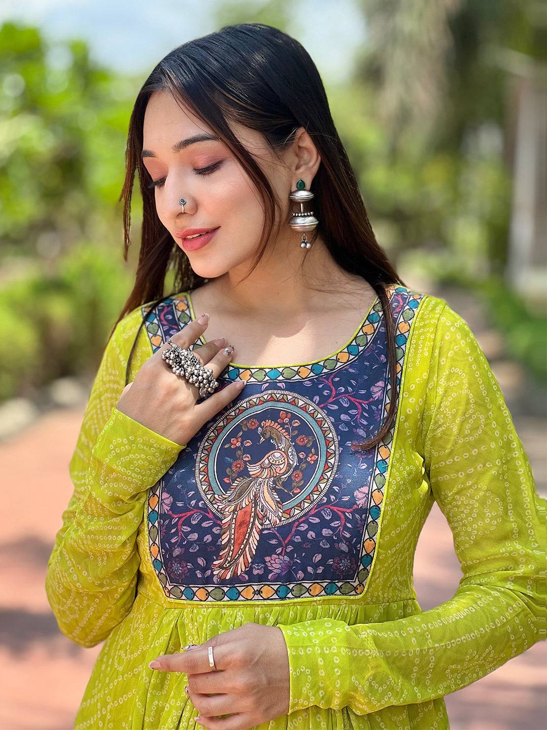 Pea Green Bandhej Dress by My Store