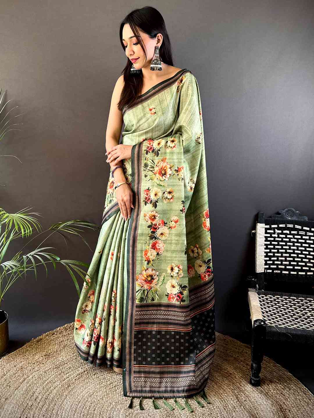 Floral Beauty in Light Green Tussar Zari Saree by My Store