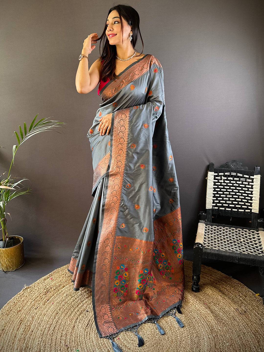 Grey Soft Silk Coppar Zari Weaving Saree by My Store