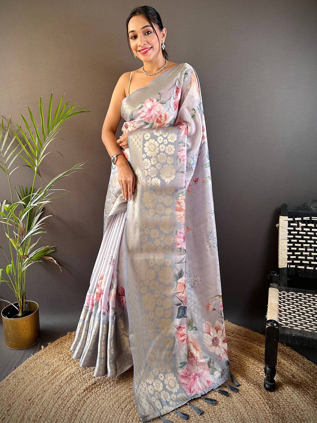 Grey Kota Doriya Zari Floral Kanchi Border Saree by My Store