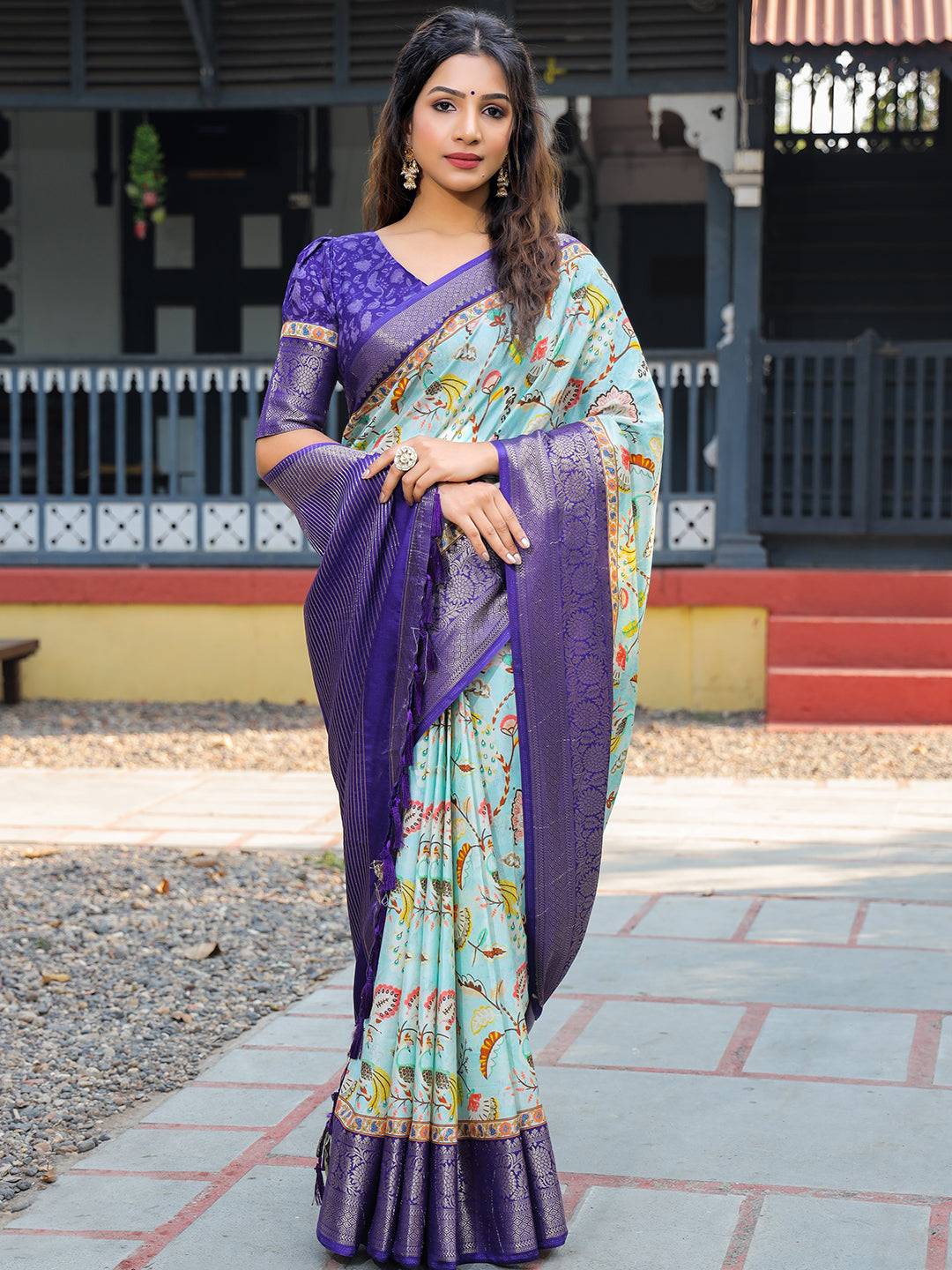 Sky Blue Colour Phulkari Design Zari Weaving Pallu Saree - Luxe by My Store