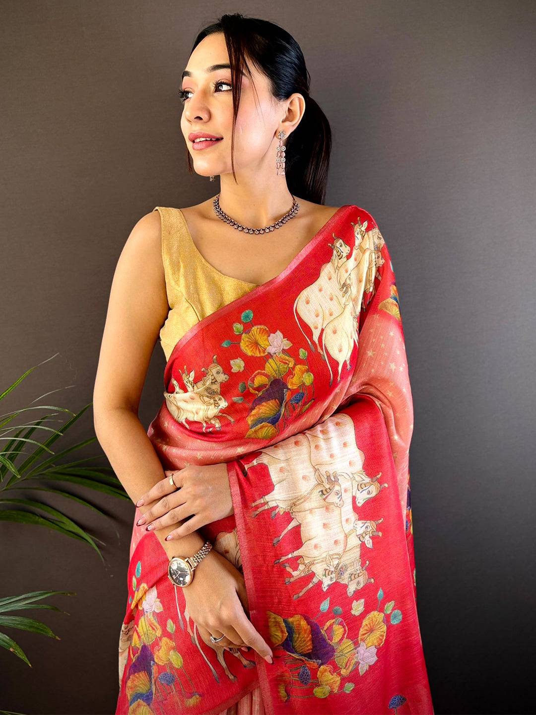 Red Chanderi Pichwai Print Saree by My Store