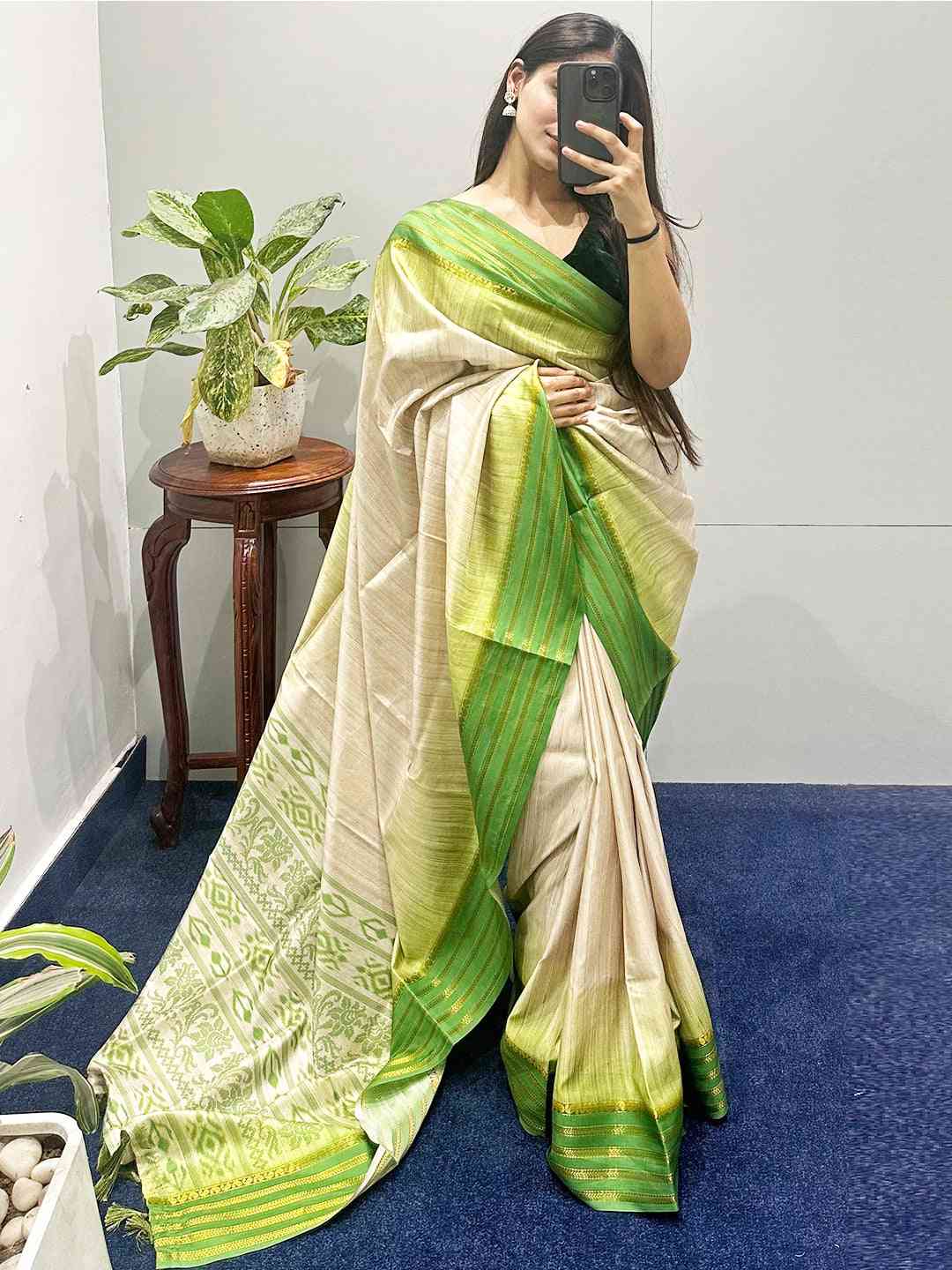Ikkat Motifs and Paisley Prints on Ghicha Saree by My Store