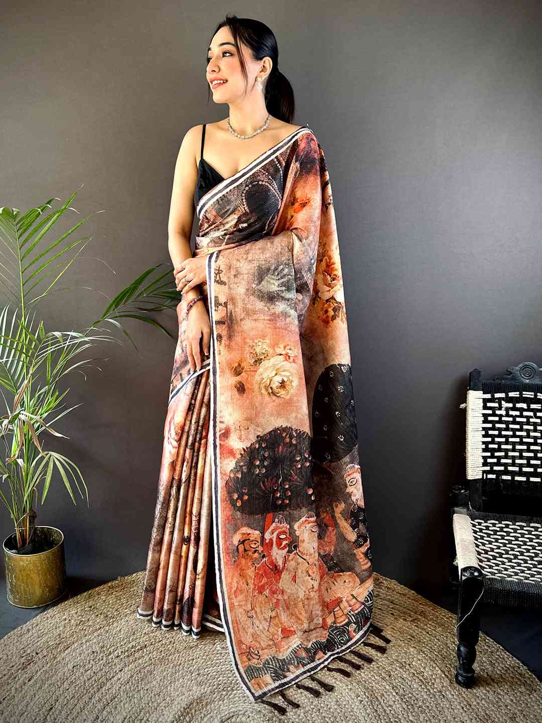 Peach Gold Zari Tussar Batik Print Saree by My Store