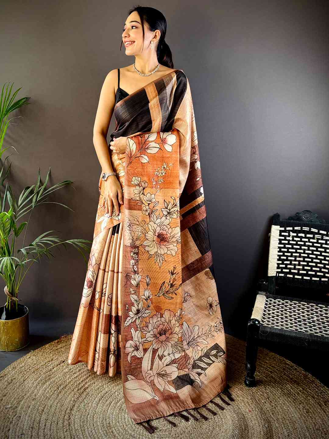 Petals Peach Tussar Zari Floral Saree by My Store