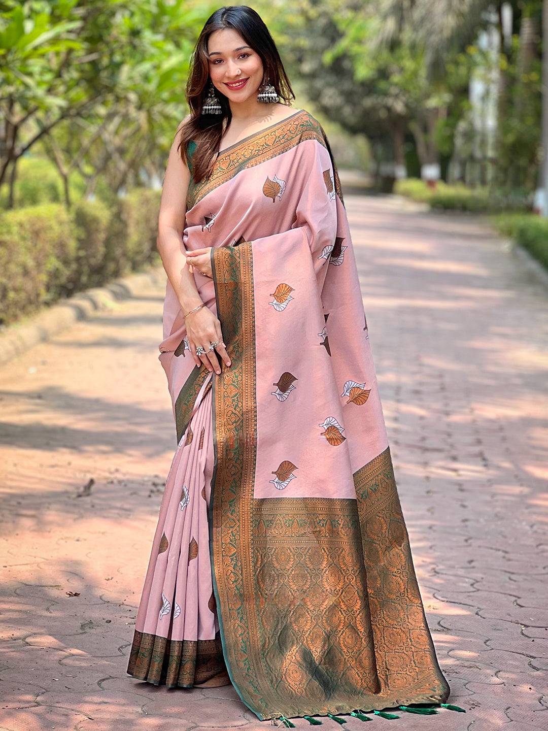 Light Pink Kanjivaram Tissue Saree With Gold Zari Weaving by My Store