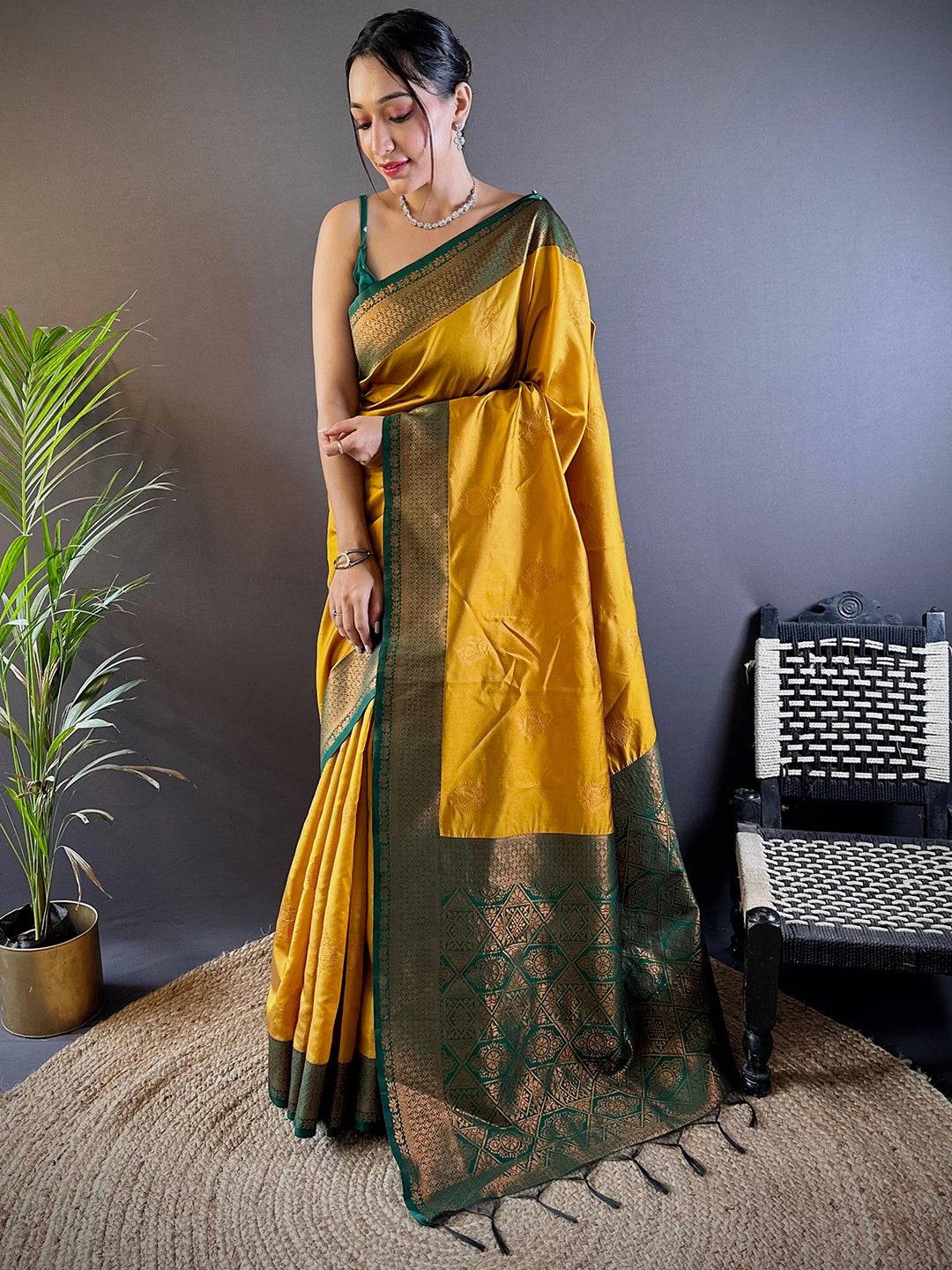 Elegant Yellow Silk Saree With Gold Zari Motifs by My Store