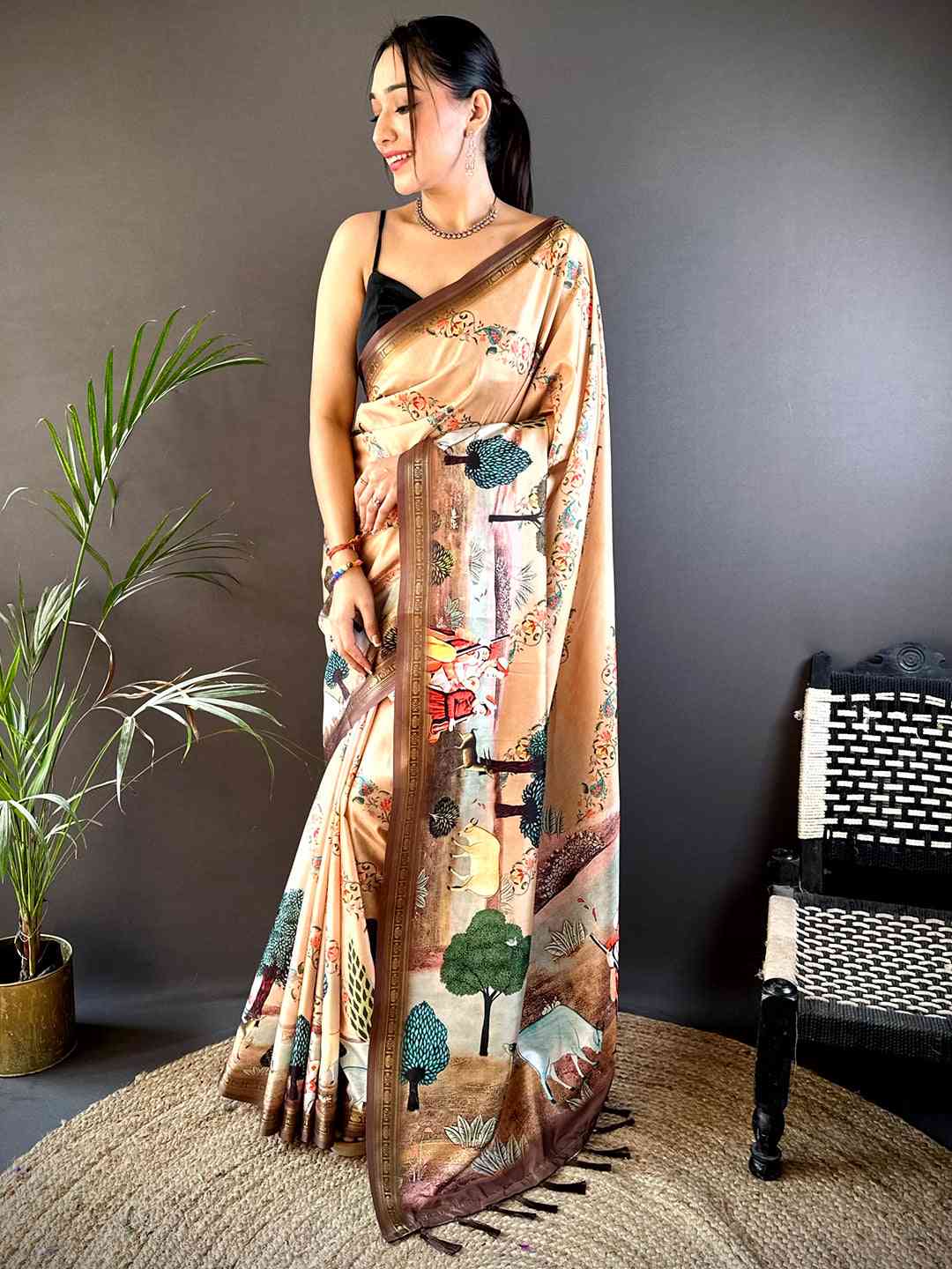 Peach Jungle Printed Silk Saree by My Store