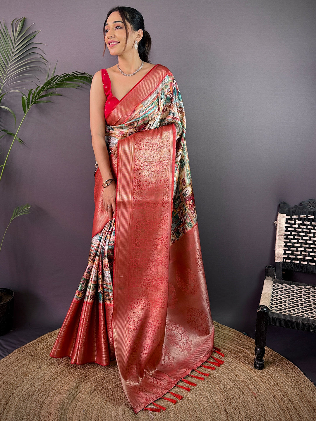 Multi Cherry Satin Kalamkari Saree by My Store