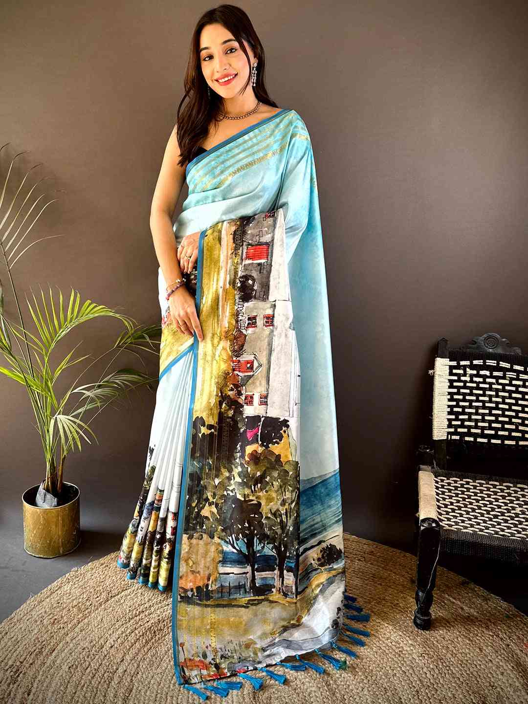 Sky Blue Japanese Freehand Digital Print Saree by My Store