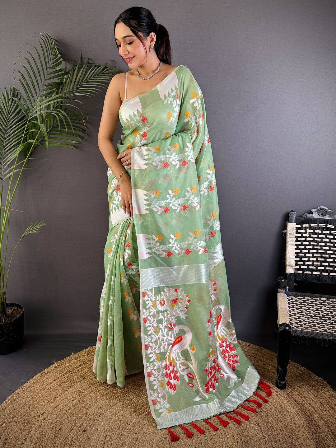 Pastel Green Dhakai Cotton Silk Saree by My Store