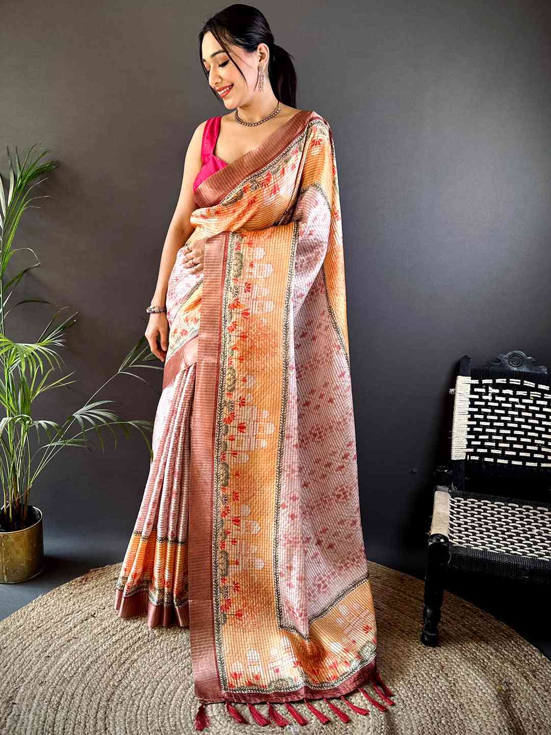 Graceful Beige Soft Silk Chex Saree by My Store
