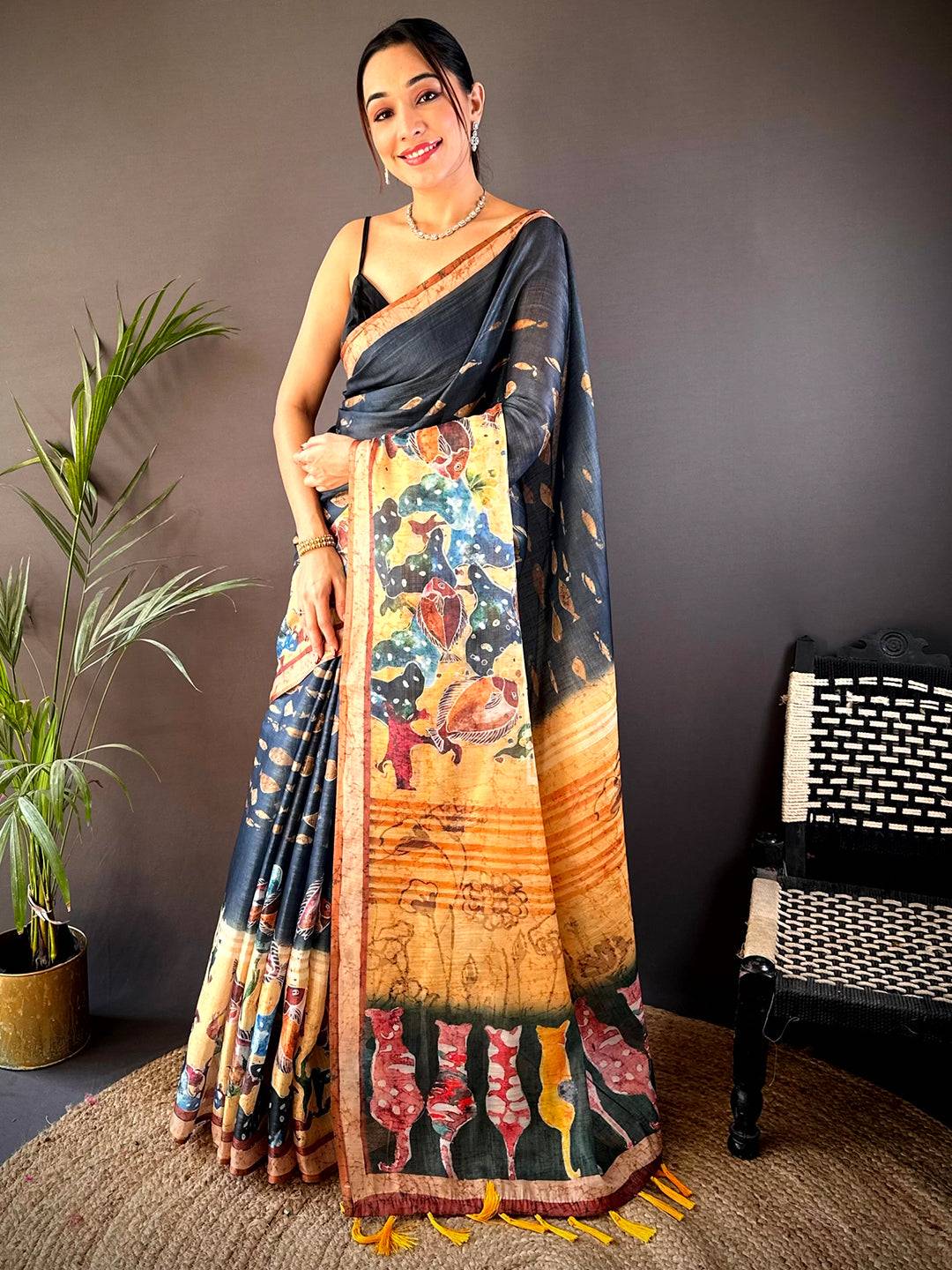 Navy Chanderi Floral Kalamkari Digital Print Saree by My Store