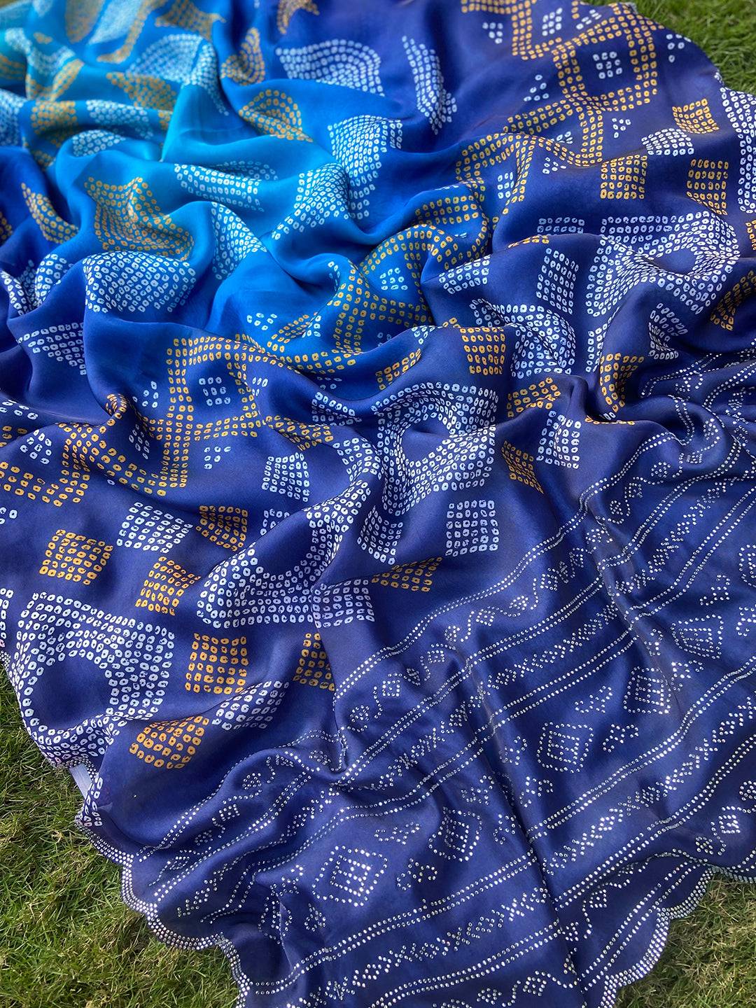 Blue Georgette Silk Saree with Ombre Bandhej Print & Swaroski Stone Work