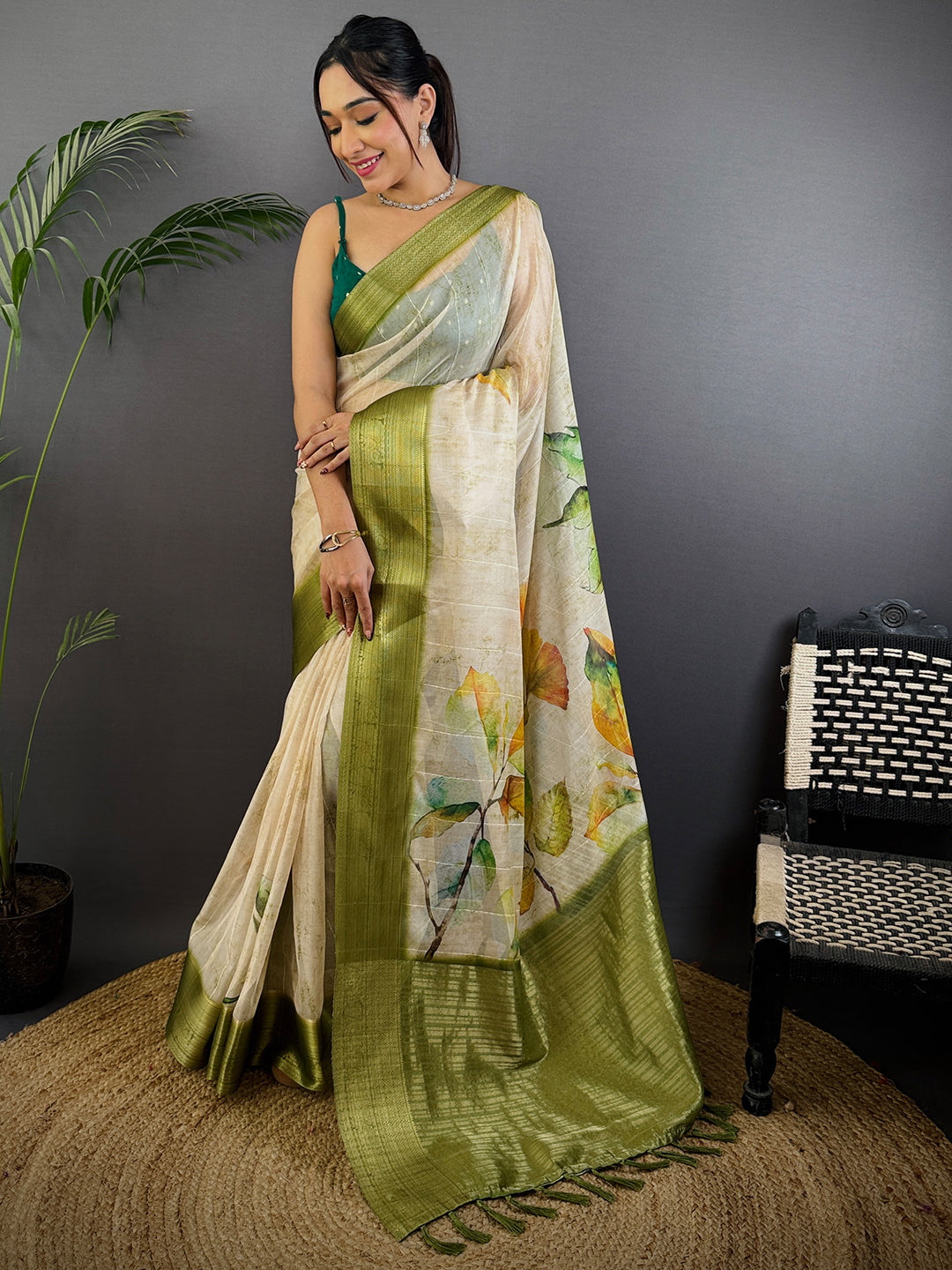 Off Whitte Soft Organza Digital Print Saree by My Store