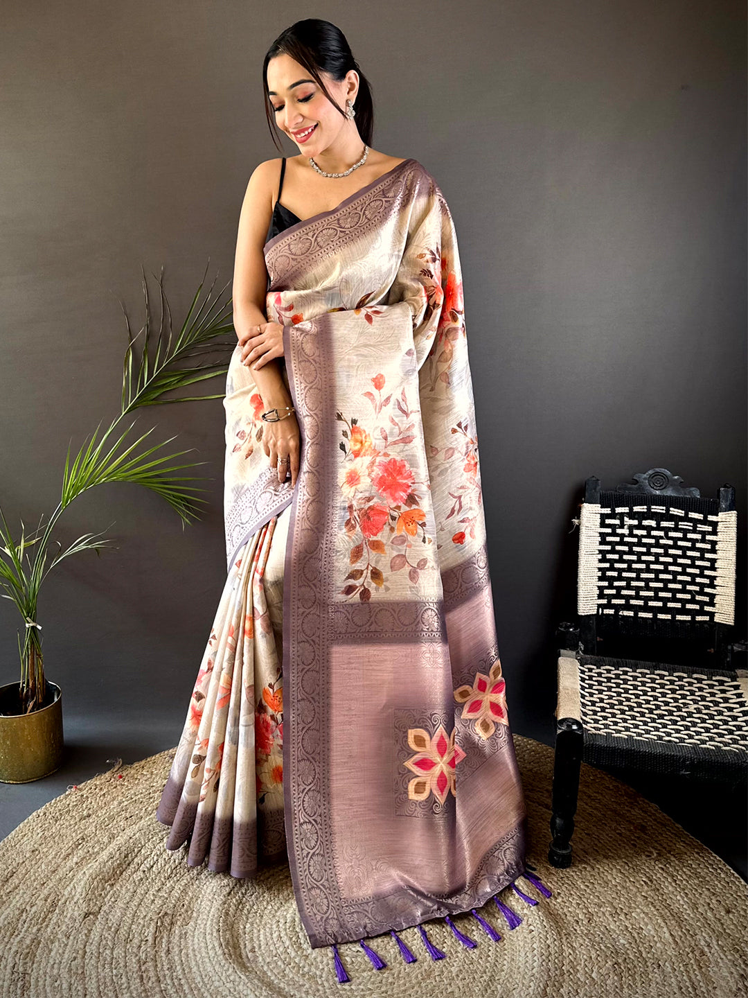 Ivory Slub Ghicha Placement Print Saree by My Store